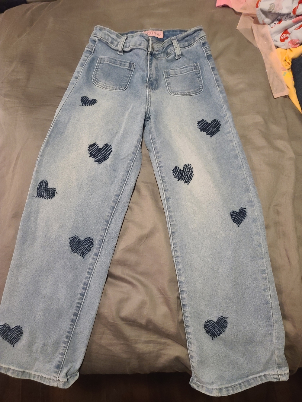 Light Blue Wide Leg Jeans with Navy Heart Embroidery